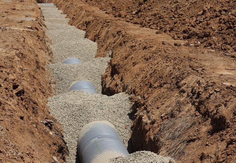 Gravel trench and corrugated perforated pipe going in behind a wall in red clay